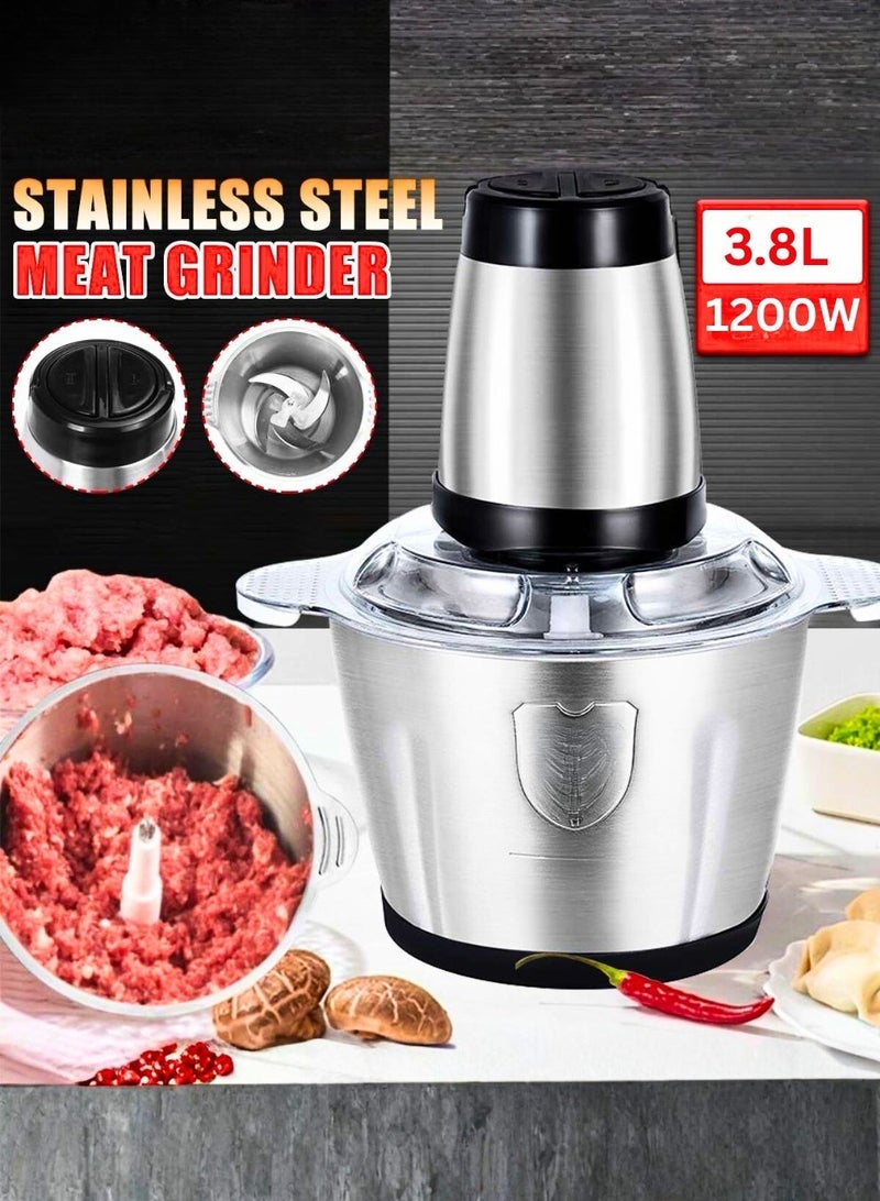 مفرمة لحم كهربائية ومفرمة خضار كهربائية - سعة 3.8  لتر - 3 سرعات - معالج طعام كهربائي عالي السعة من الفولاذ المقاوم للصدأ، مفرمة لحم كهربائية للفرم والتقطيع وتحضير الوجبات - فضي وأسود - Image 2